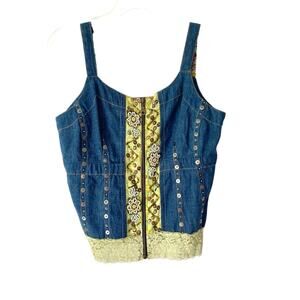 Aseesa Bohemian Festival Denim Jean Top Embellished Beaded Lace size large